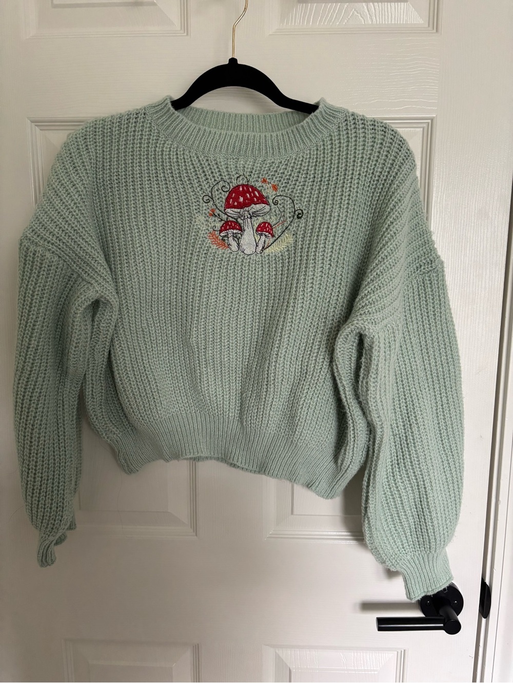SHEIN Mint Green Cropped Crewneck Sweater with Red Mushroom Embroidery